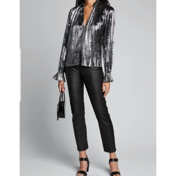 Jonathan Simkhai Blouse Metallic Silver Plisse Ruffle Flowy V Neck Holiday NYE - Picture 2 of 10